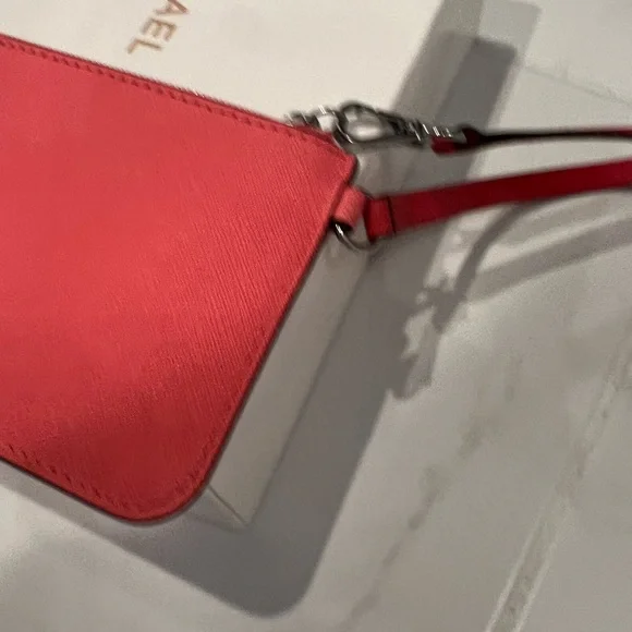 Michael Kors Women's Coral Pink Leather Zip Pouch Wristlet - Picture 4 of 7